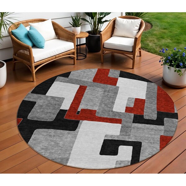 Homeroots 8' Gray Ivory And Red Round Geometric Washable Indoor Outdoor Area Rug 613213 - main