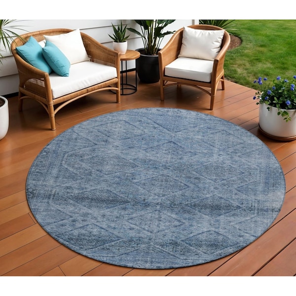 Homeroots 8' Blue And Ivory Round Geometric Washable Indoor Outdoor Area Rug 630491 - main