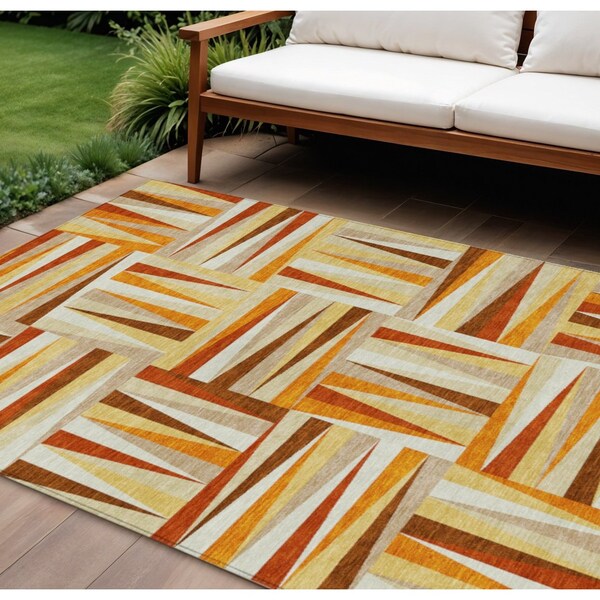 Homeroots 8' X 10' Orange Ivory And Copper Geometric Washable Indoor Outdoor Area Rug 598289 - main