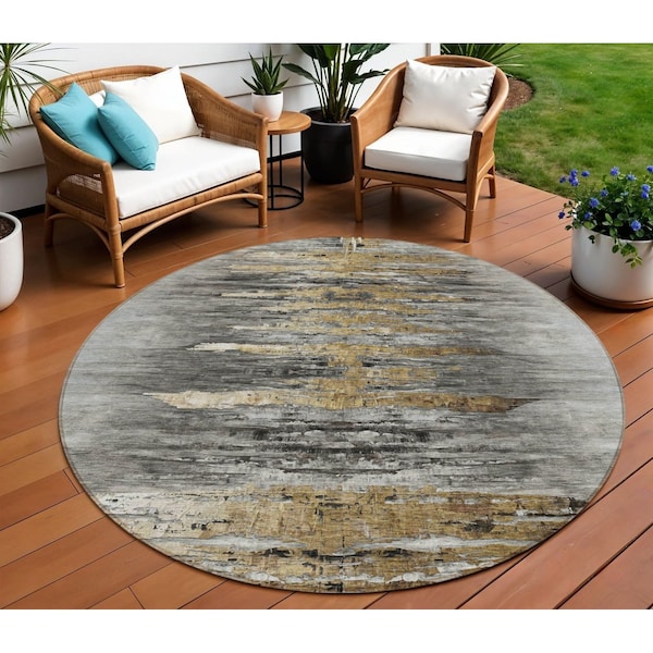 Homeroots 8' Gray Charcoal And Silver Round Abstract Washable Indoor Outdoor Area Rug 587652 - main