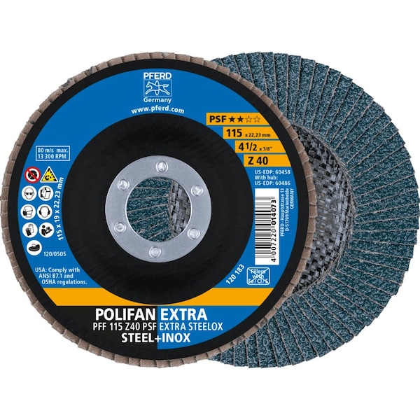 Pferd PFERD Flap Disc, 4-1/2inx7/8, Z PSF EXTRA STEELOX, 40 Grit, T27, Flat, Zirconia, 5PK 60458P - main