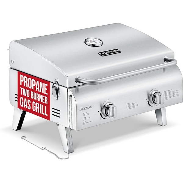 Lifemaster Stainless Steel Gas Grill, Dual 10,000 BTU Burners, 275 Sq.In, Push Start, Thermometer, BBQ/Camping LMGR04 - main