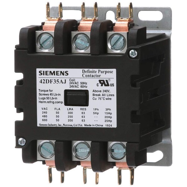 Siemens Class 42 DP 50A 3-Pole Definite Purpose Contactor, 24V Coil, Open Type 42DF35AJ - main