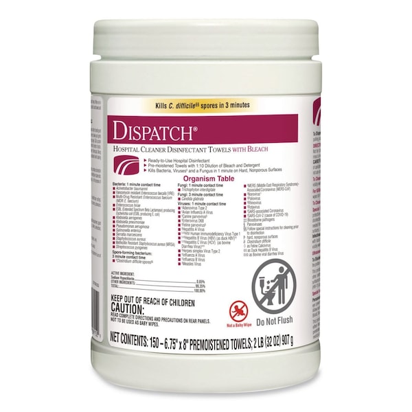 Clorox Dispatch Cleaner Disinfectant Towels, 6 3/4 x 8, 150/Can CLO 69150 - main