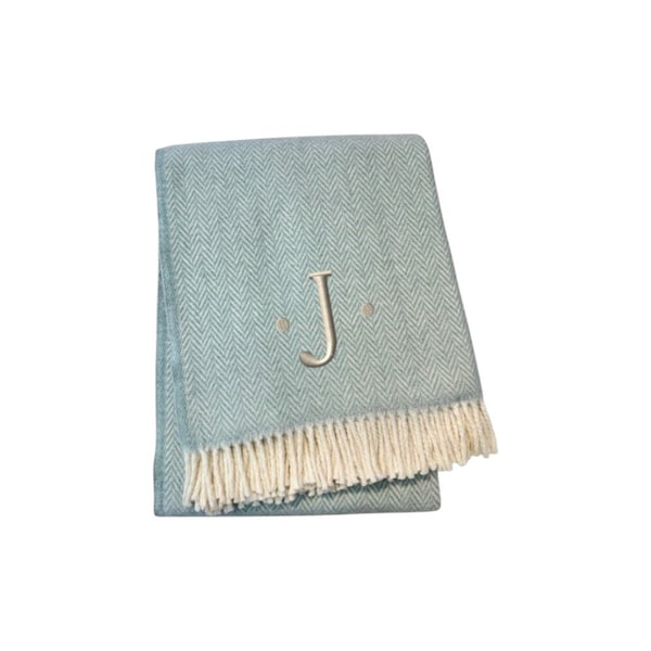 Homeroots 55" X 70" Sky Blue And White Herringbone Cotton Blend J Throw Blanket with Tassels And Embroidery 680589 - main