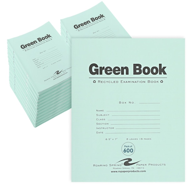 Roaring Spring Case of Recycled Exam Green Books, 8.5" x 7", 8 Sheets/16 Pages, Wide Ruled with Margin, PK600 77508cs - main