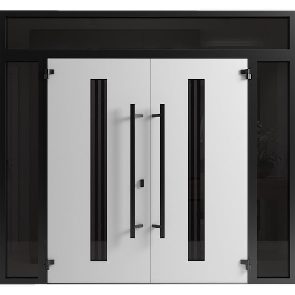 Vdomdoors Front Exterior Prehung Aluminum Double Doors Ronex1055 Teak 2 Sidelights and Top Transom Mirrored RONEX1055DEXD-OAK-W14+72+14xH80+16-RH-O - main