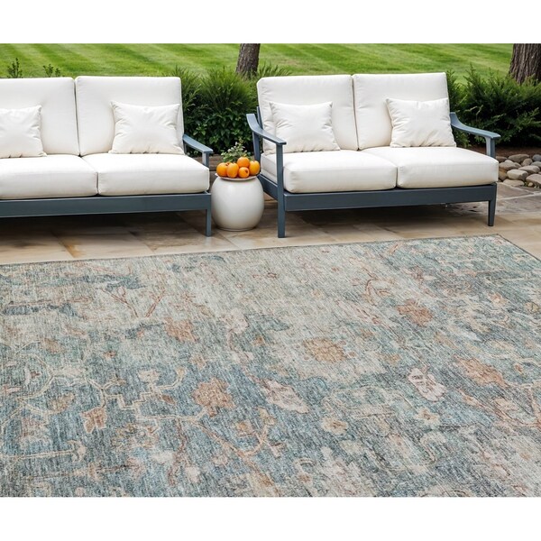 Homeroots 8' X 10' Green Blue And Gray Oriental Washable Indoor Outdoor Area Rug 587437 - main