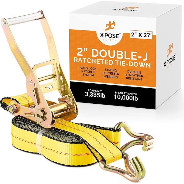 Xpose Safety Ratchet Straps Heavy Duty, 2 In x 27 FT Tie Down Straps Ratchet Operated with Double J Hooks RTD227-DJH-1-X - main