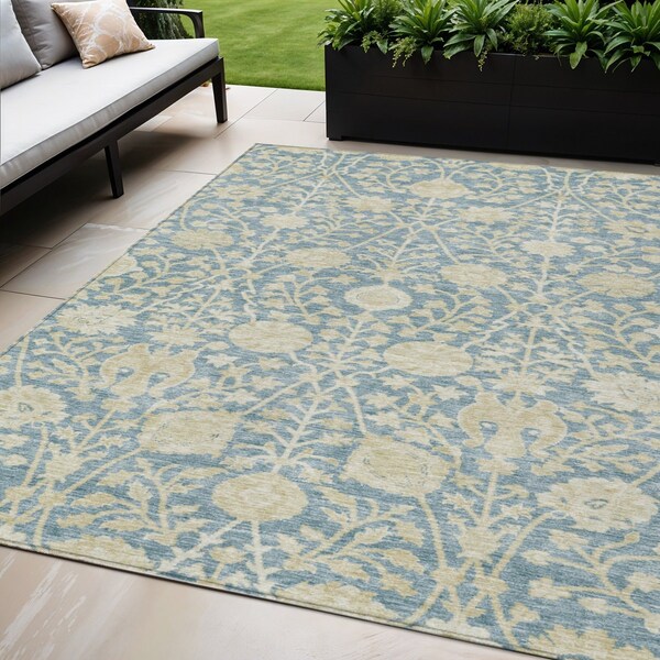 Homeroots 5' X 8' Sky Blue And Beige Floral Washable Indoor Outdoor Area Rug 603450 - main