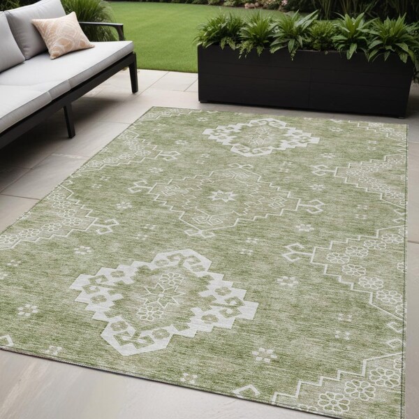 Homeroots 5' X 8' Artichoke Green Beige And Ivory Medallion Washable Indoor Outdoor Area Rug 589021 - main