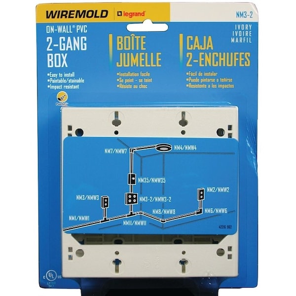 Legrand Wiremold NM Outlet Box, 2 Gang, 0 Knockout, Plastic, Ivory, Wall Mounting NM3-2 - main