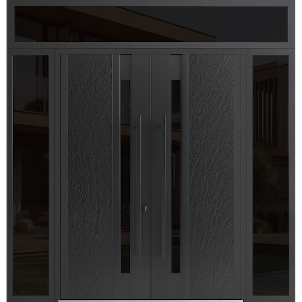 Vdomdoors Aluminum Double Doors Dekton 0163 Ardesia Nero 2 Sidelights and Top Transom Entry Door Painted (W10 DEKTON0163DEXD-ARD-W16+72+16xH96+16-LH-I - main