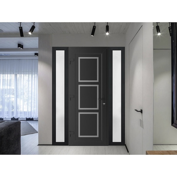 Vdomdoors Front Exterior Prehung Metal-Plastic Door, Manux 8661 Matte Black, 2 Side Sidelite Transoms, Office MANUX8661EXD-BLK-W16+36+16xH80-RH - main