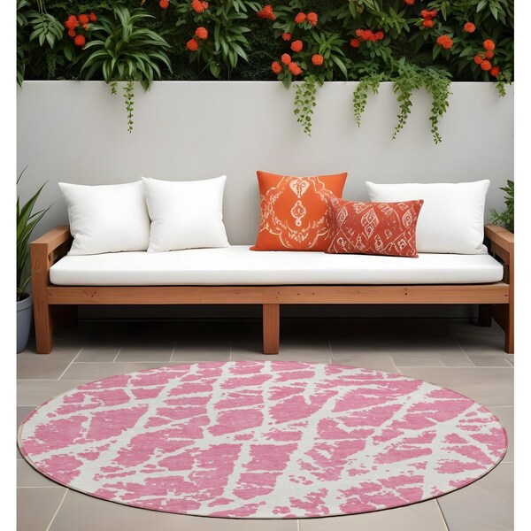 Homeroots 8' Round Pink and Ivory Round Abstract Washable Non Skid Indoor Outdoor Area Rug 559303 - main