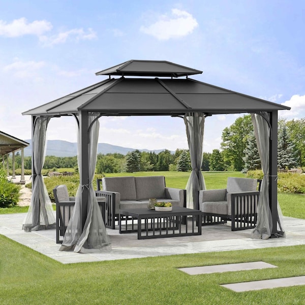 Sunjoy 10 ft. x 12 ft. Black and Grey Steel Gazebo with 2-tier Hip Roof Hardtop A102009121 - main