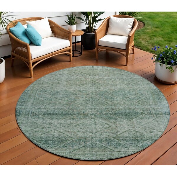 Homeroots 8' Teal Blue And Ivory Round Geometric Washable Indoor Outdoor Area Rug 630515 - main