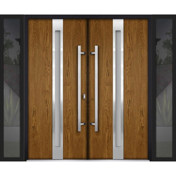 Vdomdoors Metal Double Doors Deux 1744 Natural Oak Frosted Glass 2 Sidelights Entry Modern Painted 100x80 (W1 DEUX1744DEXD-OAKB-W14+72+14xH80-LH-I - main