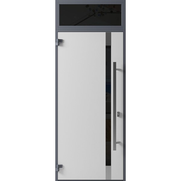 Vdomdoors Front Exterior Prehung Steel Door Ronex1011 Grey Transom Window Sidelite Stainless Inserts Entry RONEX1011EXD-GRE-W36 X H80+16-RH-I - main