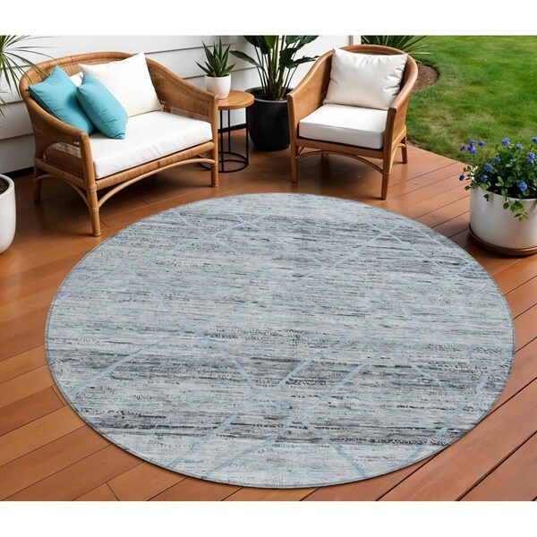 Homeroots 8' Blue And Gray Round Trellis Washable Indoor Outdoor Area Rug 616486 - main