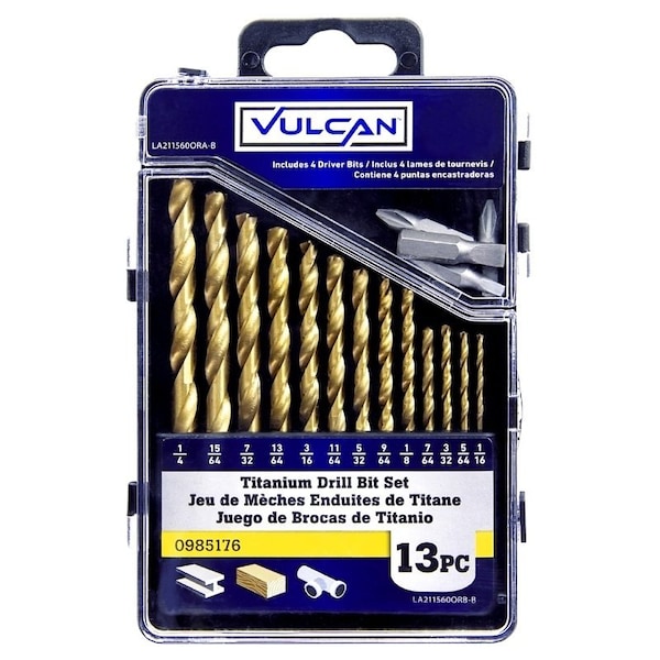 Vulcan Carded Drill Bit Set, 13-Piece, High Speed Steel/Titanium Nitride, Bright Yellow 211560OR - main