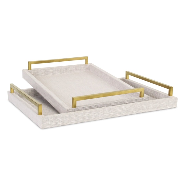 Homeroots Set of Two Off White Wood and Fabric Nested Serving Trays With Gold Handles 518600 - main