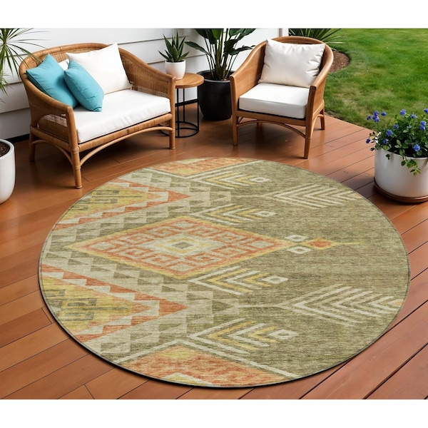 Homeroots 8' Green And Terra Cotta Round Southwestern Washable Indoor Outdoor Area Rug 603541 - main