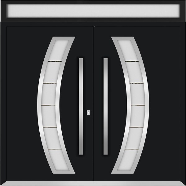 Vdomdoors Metal Double Doors Deux 6500 Black Enamel Frosted Glass Top Transom Entry Modern Painted (W72xH80+1 DEUX6500DEXD-BLK-W72xH80+16-RH-O - main