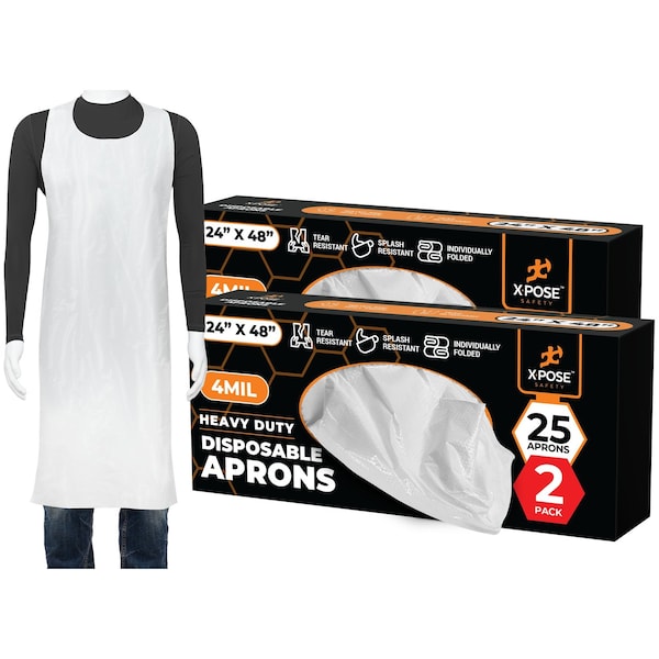 Xpose Safety Plastic Disposable Aprons, White 2 Pack of 25 Individually Packaged Durable 4 mil 24in x 48in, 50PK APH-25-2-X-S - main