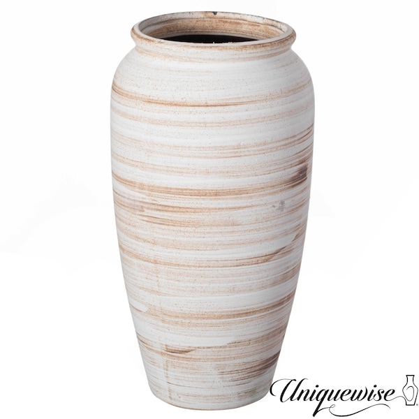 Uniquewise 11in Ceramic Stripe Vase Vintage Decorative Modern Farmhouse Piece for Home Centerpieces, White QI004793 - main