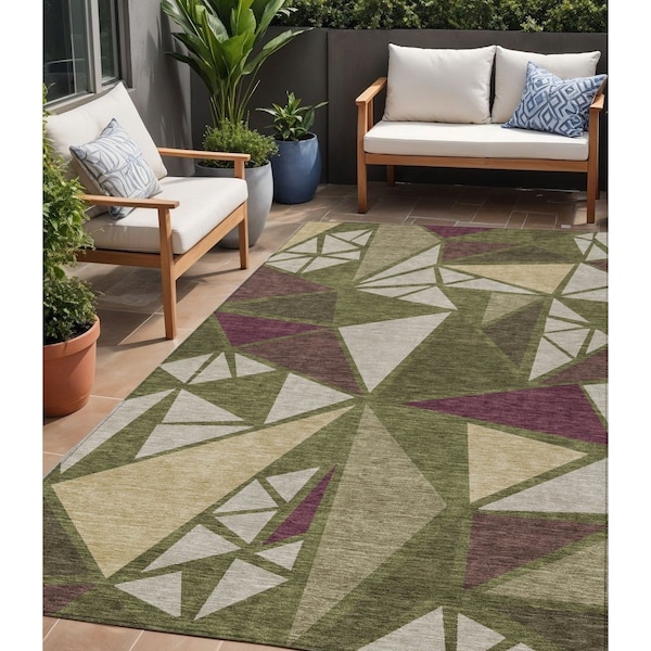 Homeroots 5' X 8' Olive Green Ivory And Burgundy Geometric Washable Indoor Outdoor Area Rug 600385 - main