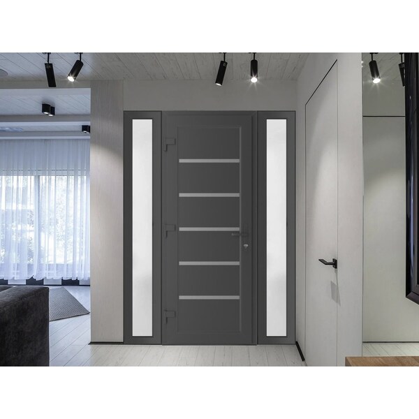 Vdomdoors Front Exterior Prehung Metal-Plastic Door, Manux 8415 Antracite Grey, 2 Side Sidelite Transoms, Off MANUX8415EXD-ANT-W14+36+14xH80-RH - main