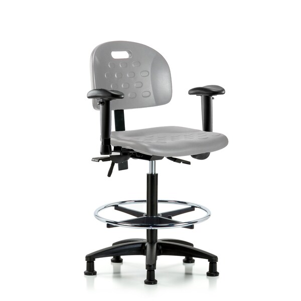 Blue Ridge Ergonomics Poly Chair-High Bench Ht with Seat Tilt, Adj Arms, Chrome Foot Ring, &Stationary Glides in Gray Poly HPHBCH-RG-T1-A1-CF-RG-GRY - main
