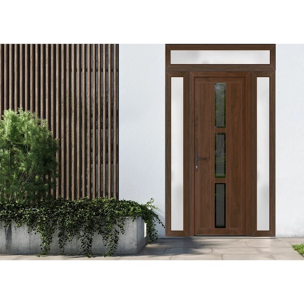 Vdomdoors Front Exterior Prehung Metal-Plastic Door Frosted Glass / MANUX 8112 Walnut / Office Commercial and MANUX8112EXD-WLN-W16+32+16-H80+14-RH-I - main