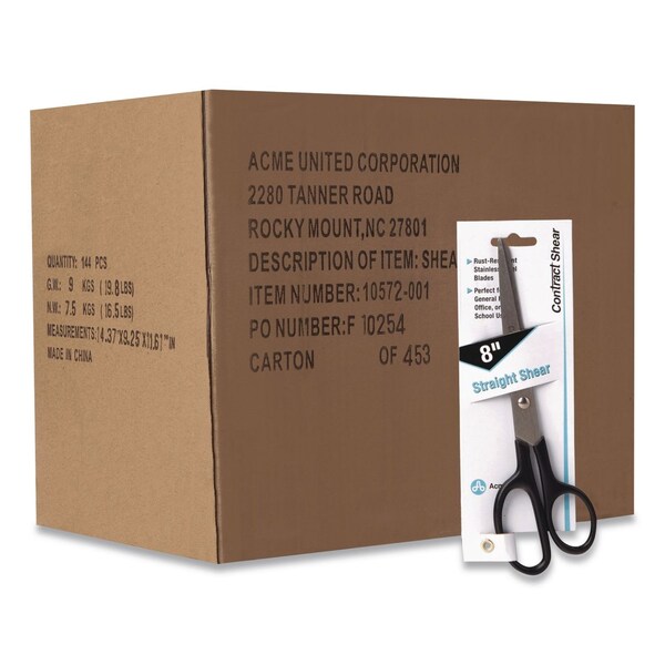 Westcott Straight Contract Scissors, 8" Long, 3" Cut Length, Straight Black Handle, 144PK 10572-001CT - main