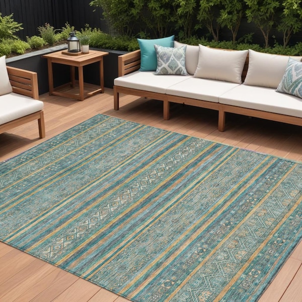 Homeroots 9' X 12' Teal Blue Gold And Taupe Southwestern Washable Indoor Outdoor Area Rug 615984 - main