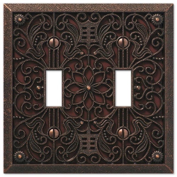 Amerelle Filigree Wallplate, 4-1/2 in L, 4-7/16 in W, 2 -Gang, Metal, Aged Bronze 65TTDB - main