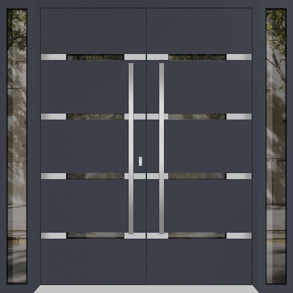 Vdomdoors Aluminum Double Doors Deux 1105 Gray Graphite Mirrored Glass 2 Sidelights Entry Modern Painted 100x DEUX1105DEXD-GRE-W14+72+14xH96-RH-O - main