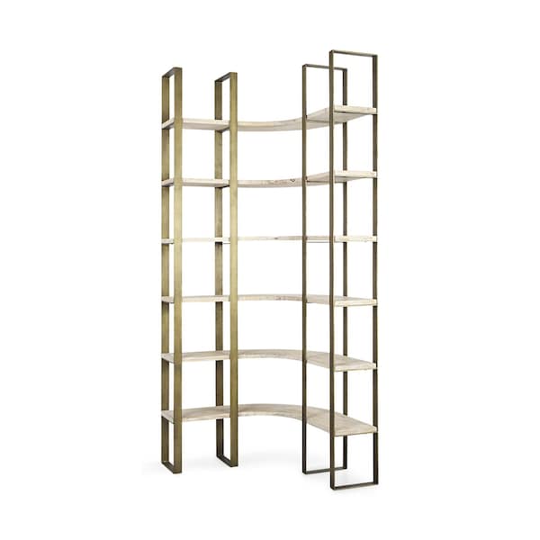 Homeroots 90" Natural and Gold Iron and Solid Wood Curved Six Tier Corner Bookcase 392229 - main