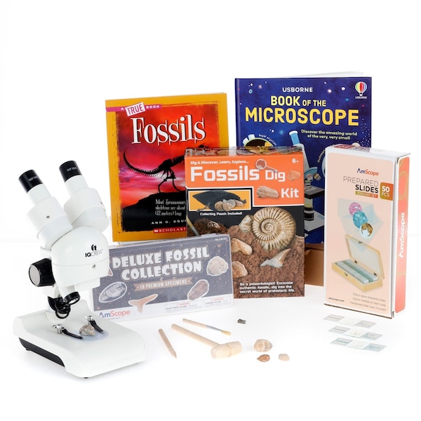 Amscope Kid's Fossil Discoverer Set featuring Deluxe All-In-One Stereo Microscope, Fossil Dig Kit, 18-Piece P KVB-FOS-122-DIS - main