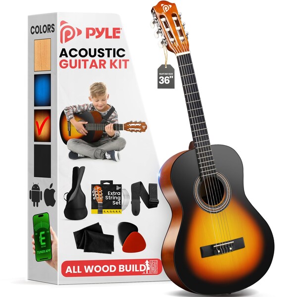 Pyle Beginner Acoustic Guitar Kit, 3/4 Junior Size All Wood Instrument with Full Accessory Kit, Picks PGACLS82SBD - main
