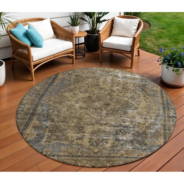 Homeroots 8' Brown And Denim Blue Round Medallion Washable Indoor Outdoor Area Rug 616048 - main