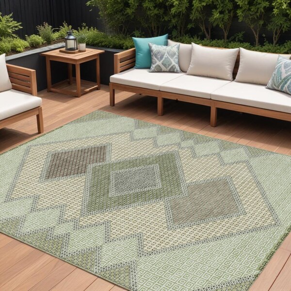 Homeroots 9' X 12' Green Gray And Taupe Geometric Washable Indoor Outdoor Area Rug 631913 - main