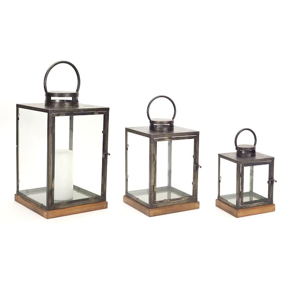 Homeroots Gray And Brown Distressed Geometric Glass Metal And Wood Floor Lantern Candle Holders, 3PK 516442 - main