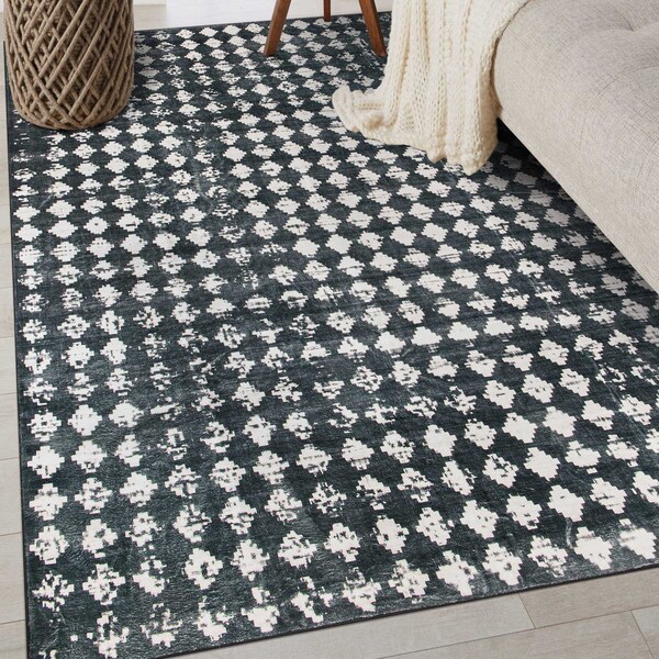 World Rug Gallery Geometric Distressed Abstract Washable Non Slip Area Rug 3 ft x 5 ft Black WR69BLACK3X5 - main