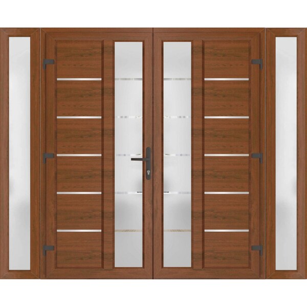 Vdomdoors Front Exterior Prehung Metal-Plastic Double Doors / MANUX 8088 Walnut / 2 Sidelites Exterior WindoW MANUX8088DEXD-WLN-RH-W14+72+14xH80 - main