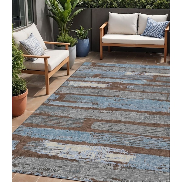 Homeroots 5' X 8' Chocolate Blue And Beige Striped Washable Indoor Outdoor Area Rug 616647 - main