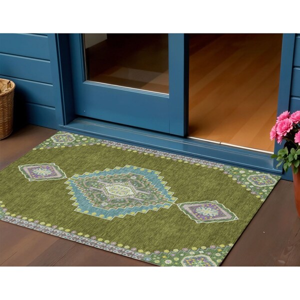 Homeroots 3' X 5' Olive Green Pink And Ivory Oriental Washable Indoor Outdoor Area Rug 598430 - main