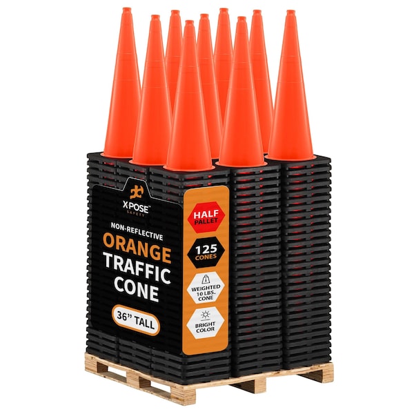 Xpose Safety Traffic Safety Cone, 36 in, PVC, No Collar, DOT Approved, Orange, Half Pallet, PK125 OTC36-HP125-X - main