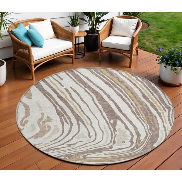 Homeroots 8' Taupe Brown And Beige Round Abstract Washable Indoor Outdoor Area Rug 601304 - main